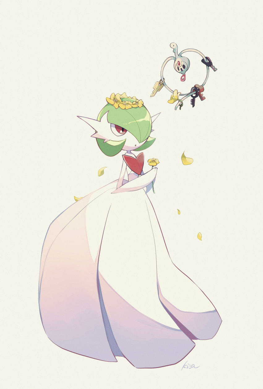 absurdres black_eyes bob_cut dress falling_petals flower gardevoir grey_hair hair_over_one_eye head_wreath highres holding holding_flower key kisa_(kisa-kisa5900) klefki mega_gardevoir mega_pokemon petals pink_eyes pokemon pokemon_(creature) simple_background white_background white_dress