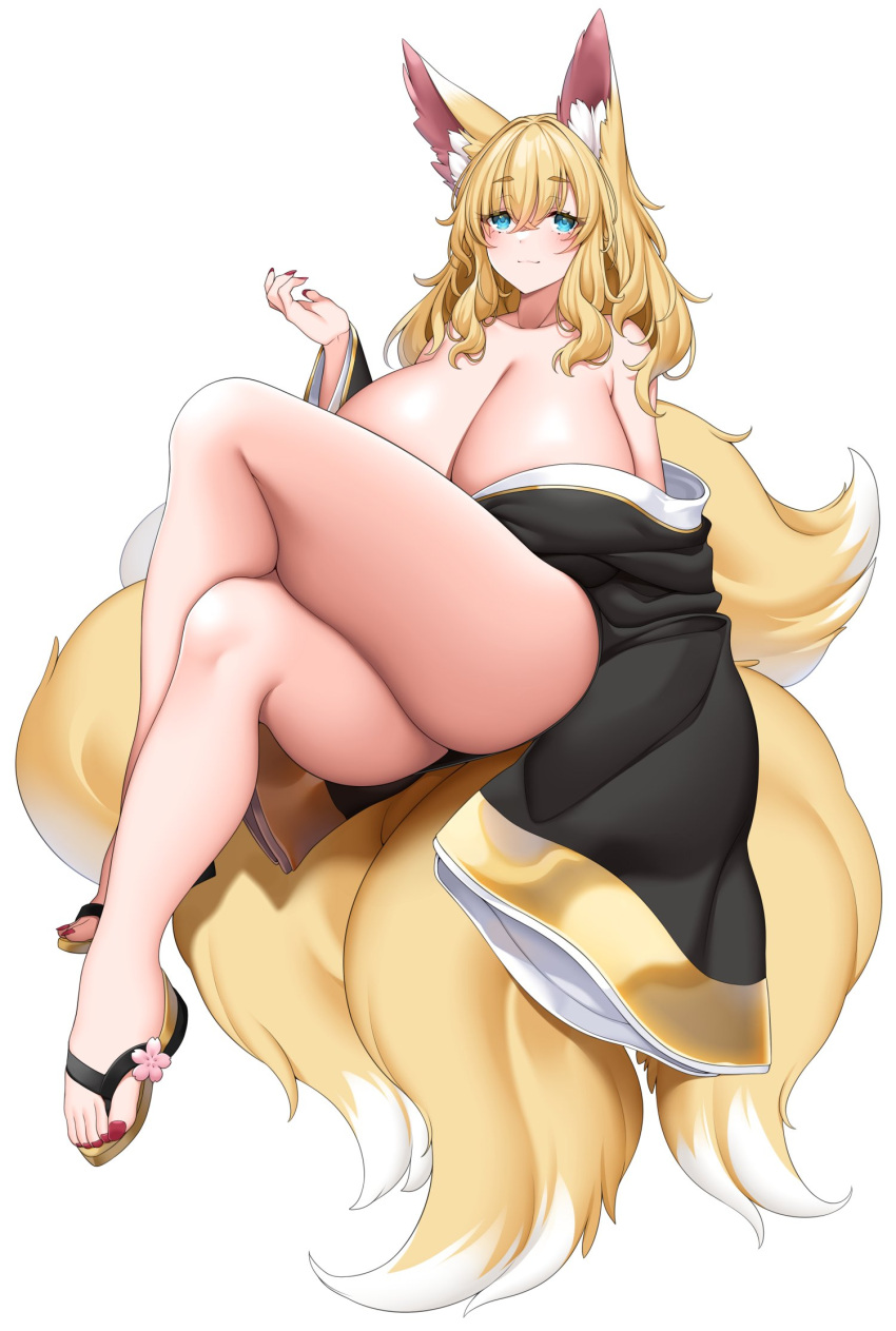 1girl animal_ear_fluff animal_ears blonde_hair blue_eyes blush breasts cleavage feet flower fox_ears fox_tail hair_between_eyes hand_up highres huge_breasts legs long_hair multiple_tails nail_polish off_shoulder original red_nails sandals simple_background sitting smile solo suruga_(xsurugax) tail thighs toenail_polish toenails white_background