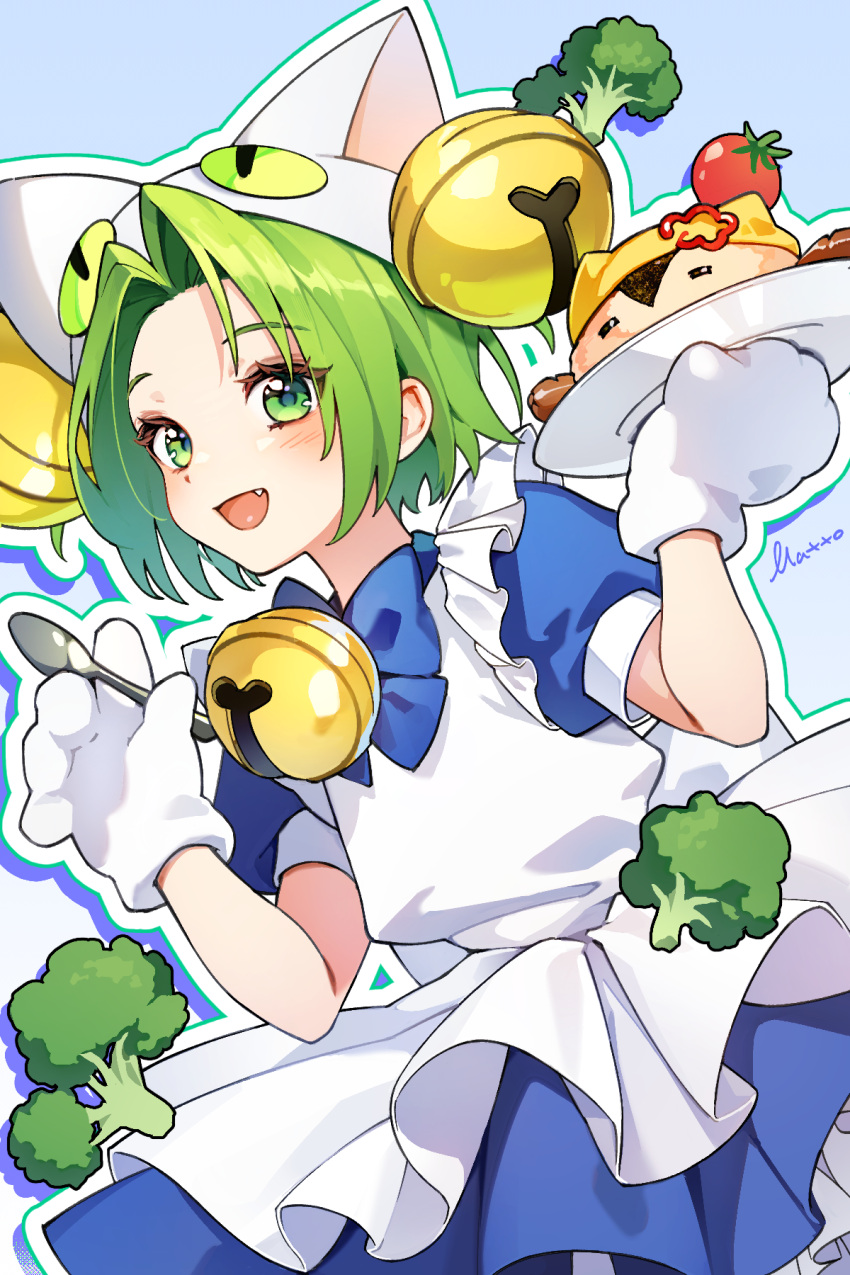 1girl :d animal_hat apron artist_name bell blue_background blue_bow blue_bowtie blue_dress blush bow bowtie broccoli cat_hat dejiko di_gi_charat dress fang food frilled_apron frills gloves green_eyes green_hair hair_bell hair_ornament hat highres holding holding_plate holding_spoon ketchup maid maid_apron mattosan neck_bell omelet omurice outline parted_bangs plate puffy_short_sleeves puffy_sleeves sausage short_hair short_sleeves smile solo spoon tomato white_apron white_gloves white_hat white_outline