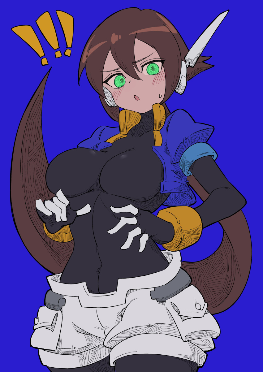 ! !! 1girl absurdres aile_(mega_man_zx) black_bodysuit blue_background blue_jacket bodysuit bodysuit_under_clothes breasts brown_hair buzzlyears covered_collarbone cowboy_shot cropped_jacket green_eyes highres jacket large_breasts long_hair looking_at_viewer mega_man_(series) mega_man_zx mega_man_zx_advent open_clothes open_jacket ponytail shorts simple_background solo white_shorts