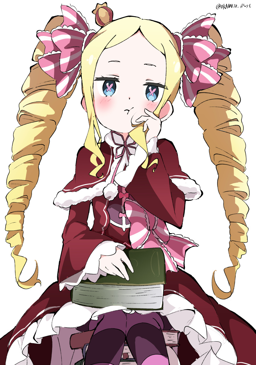 1girl absurdres beatrice_(re:zero) blonde_hair blue_eyes blush butterfly-shaped_pupils capelet closed_mouth commentary_request crown dress drill_hair fur-trimmed_capelet fur_trim hair_ribbon hand_on_own_cheek hand_on_own_face highres long_hair looking_at_viewer mini_crown pantyhose pink_ribbon re:zero_kara_hajimeru_isekai_seikatsu red_capelet red_dress ribbon sidelocks simple_background solo striped_clothes striped_pantyhose symbol-shaped_pupils twin_drills watermark white_background white_gorilla_(okamoto)