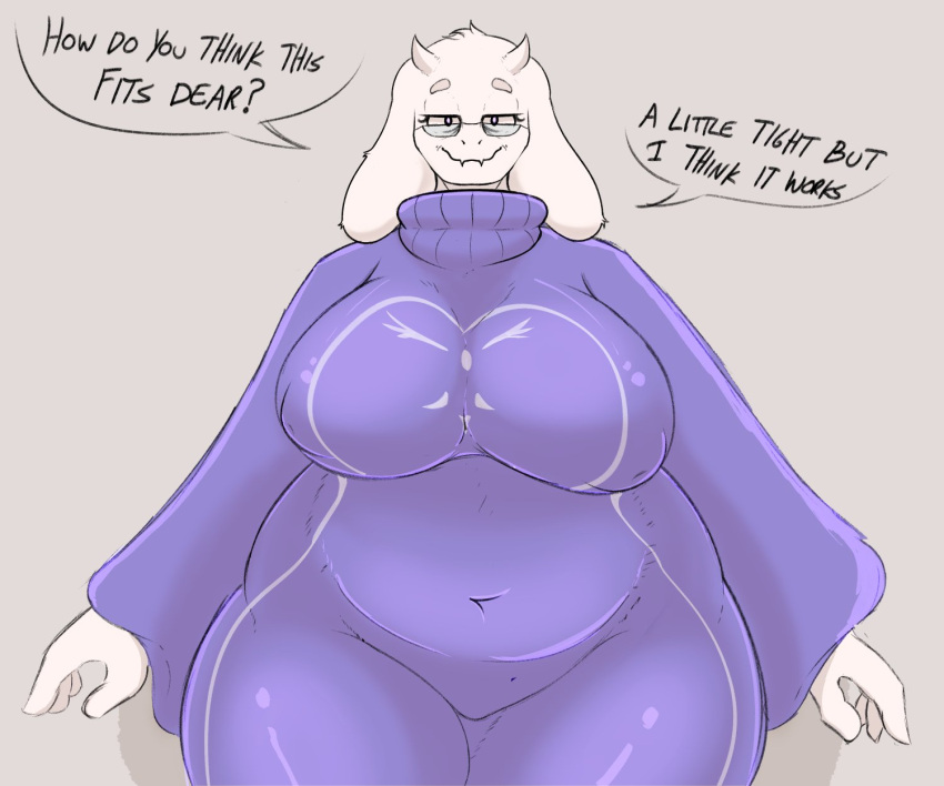 2024 2_horns anthro big_breasts big_ears black_eyes boss_monster_(undertale) bovid breasts caprine clothing curvy_figure dialogue digital_drawing_(artwork) digital_media_(artwork) english_text eyewear female fingers floppy_ears fur glasses goat grey_background hi_res horn huge_breasts long_ears looking_at_viewer mammal mature_anthro mature_female nicklusious nipple_outline robe simple_background smile solo talking_to_viewer text thick_thighs toriel undertale undertale_(series) voluptuous white_body white_fur wide_hips