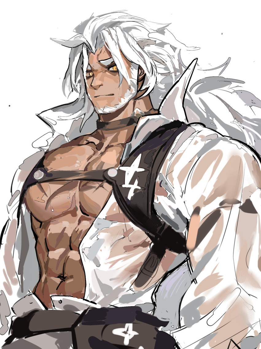 1boy abs alchemy_stars bara beard chest_strap chinese_commentary christory_yyb commentary_request facial_hair gram_(alchemy_stars) highres male_focus official_alternate_costume pectorals shirt thick_eyebrows white_background white_hair white_shirt yellow_eyes
