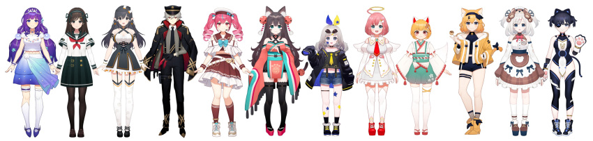 1boy 6+girls :3 absurdres ahoge angel_wings animal_ear_fluff animal_ear_hairband animal_ears animal_hands ankle_socks arm_ribbon asymmetrical_legwear bare_arms bare_shoulders bear_ears bear_hair_ornament belt belt_buckle black_flower black_footwear black_garter black_gloves black_hair black_hairband black_hat black_jacket black_leg_warmers black_leotard black_necktie black_pants black_pantyhose black_ribbon black_rose black_sailor_collar black_shirt black_shorts black_skirt black_thighhighs blue_bow blue_bowtie blue_eyes blue_footwear blue_garter blue_nails blue_ribbon blue_shorts blue_skirt blunt_ends boots bow bowtie bra braid breasts bridal_garter brown_eyes brown_footwear brown_hair brown_hairband brown_skirt brown_socks brown_wrist_cuffs buckle buttons cat_ears closed_mouth clothing_cutout collared_shirt cone_hair_bun cross-laced_clothes cross-laced_dress cross-laced_footwear crossed_belts crown_braid dagger dark_skin denim denim_shorts double_bun dress drill_hair eyepatch eyewear_on_head facial_mark fake_animal_ears fingerless_gloves fingernails fins fishnet_socks fishnets floral_print flower flower_knot food footwear_bow fox_ears frilled_dress frilled_garter frilled_skirt frills full_body fur-trimmed_footwear fur_trim geta gloves grey_dress grey_hair grey_shirt hair_between_eyes hair_bobbles hair_bow hair_bun hair_flower hair_ornament hair_ribbon hairband hairclip halo halter_dress halter_shirt halterneck hand_in_pocket hand_up hat hat_bow head_fins headpiece high-waist_skirt high_heel_boots high_heels highres holding holding_dagger holding_food holding_knife holding_weapon jacket jacket_on_shoulders japanese_clothes juliet_sleeves kimono kneehighs knife large_breasts layered_sleeves leg_tattoo leotard long_hair long_sleeves looking_at_viewer mary_janes midriff military_hat miniskirt multiple_girls musical_note musical_note_print nail neckerchief necktie okobo open_clothes open_jacket open_mouth orange_bow orange_flower orange_hair orange_jacket orange_sleeves original pants pantyhose paw_gloves pink_eyes pink_hair plaid plaid_skirt pleated_skirt pointy_ears puffy_sleeves purple_eyes purple_hair red_eyes red_footwear red_jacket red_kimono red_neckerchief red_necktie red_sleeves ribbed_legwear ribbon rose sailor_collar sailor_hat sandals school_uniform serafuku shirt shoes short_dress short_hair short_kimono short_over_long_sleeves short_shorts short_sleeves shorts shoulder_cutout simple_background single_kneehigh single_sock single_thighhigh skirt sleeves_past_fingers sleeves_past_wrists smile sneakers socks star_(symbol) star_hair_ornament star_tattoo straight-on striped_clothes striped_shirt striped_thighhighs studded_belt sunglasses suspenders tabard tail tail_bow tail_ornament tattoo thighhighs tiara torn_leg_warmers twin_drills twintails two-sided_bow two-sided_fabric two-sided_jacket two-tone_bow two_side_up underwear uwabaki vertical-striped_clothes vertical-striped_shirt vertical-striped_thighhighs very_long_hair weapon whisker_markings white_background white_belt white_bow white_bra white_dress white_footwear white_gloves white_hat white_shirt white_sleeves white_socks white_tabard white_thighhighs white_tiara white_undershirt white_wings wide_image wide_sleeves wings wolf_ears wolf_tail x_hair_ornament yellow_bow yellow_halo yellow_necktie yellow_pupils yoshihiro_(yoshihiro12190)