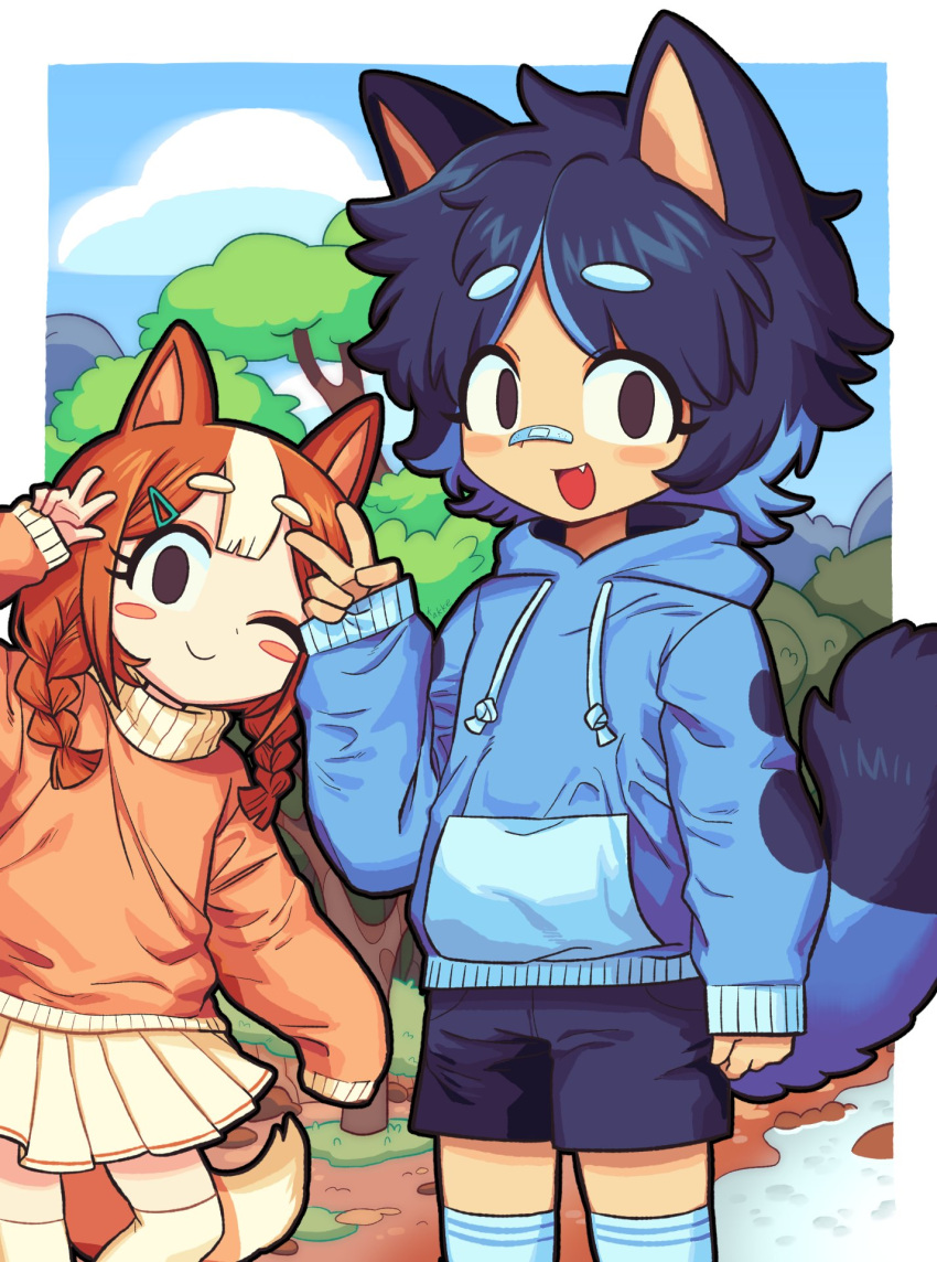 2girls :d androgynous animal_ears bingo_heeler blue_hair blue_shorts blue_sky bluey bluey_heeler braid brown_hair child dog_ears dog_girl dog_tail fang forest highres kemonomimi_mode medium_hair multicolored_hair multiple_girls nature outdoors reverse_trap satanmanse shorts siblings sisters skirt sky smile tail tomboy triangle_hair_ornament twin_braids water_stream white_hair