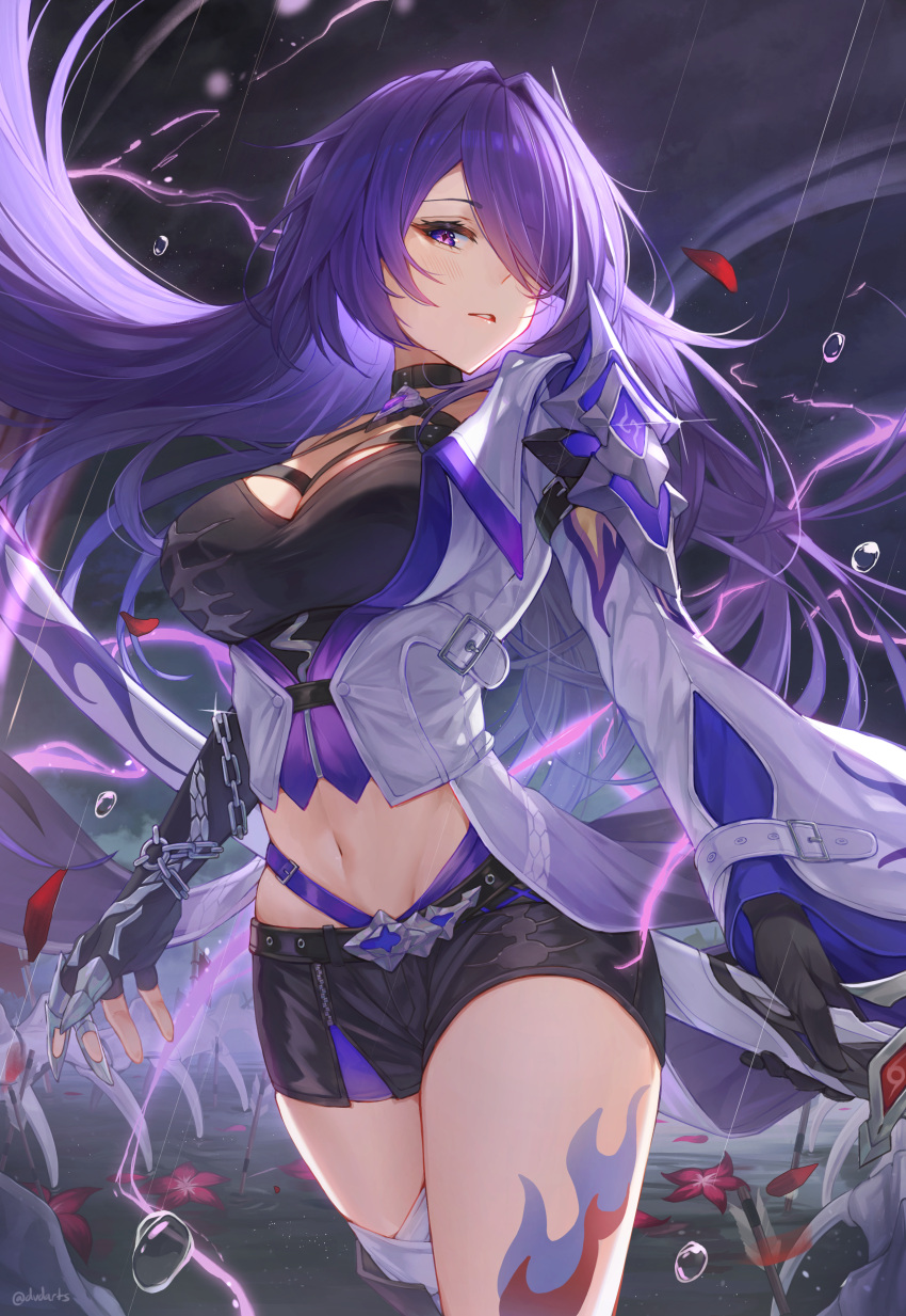 1girl absurdres acheron_(honkai:_star_rail) black_choker black_gloves black_shorts breasts chain choker cleavage coat commentary cowboy_shot dvdarts gloves hair_intakes hair_over_one_eye highres honkai:_star_rail honkai_(series) large_breasts leg_tattoo long_hair looking_at_viewer midriff navel parted_lips purple_eyes purple_hair short_shorts shorts solo standing stomach tattoo thighs very_long_hair white_coat