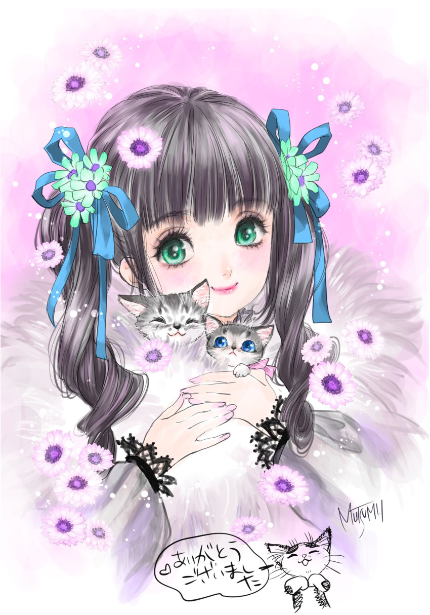 1girl animal black_hair blue_ribbon blush cat commentary_request dress drill_hair flower green_eyes grey_dress hair_flower hair_ornament hair_ribbon highres holding holding_animal holding_cat inomata_mutsumi long_hair looking_at_viewer original ribbon smile solo twin_drills upper_body