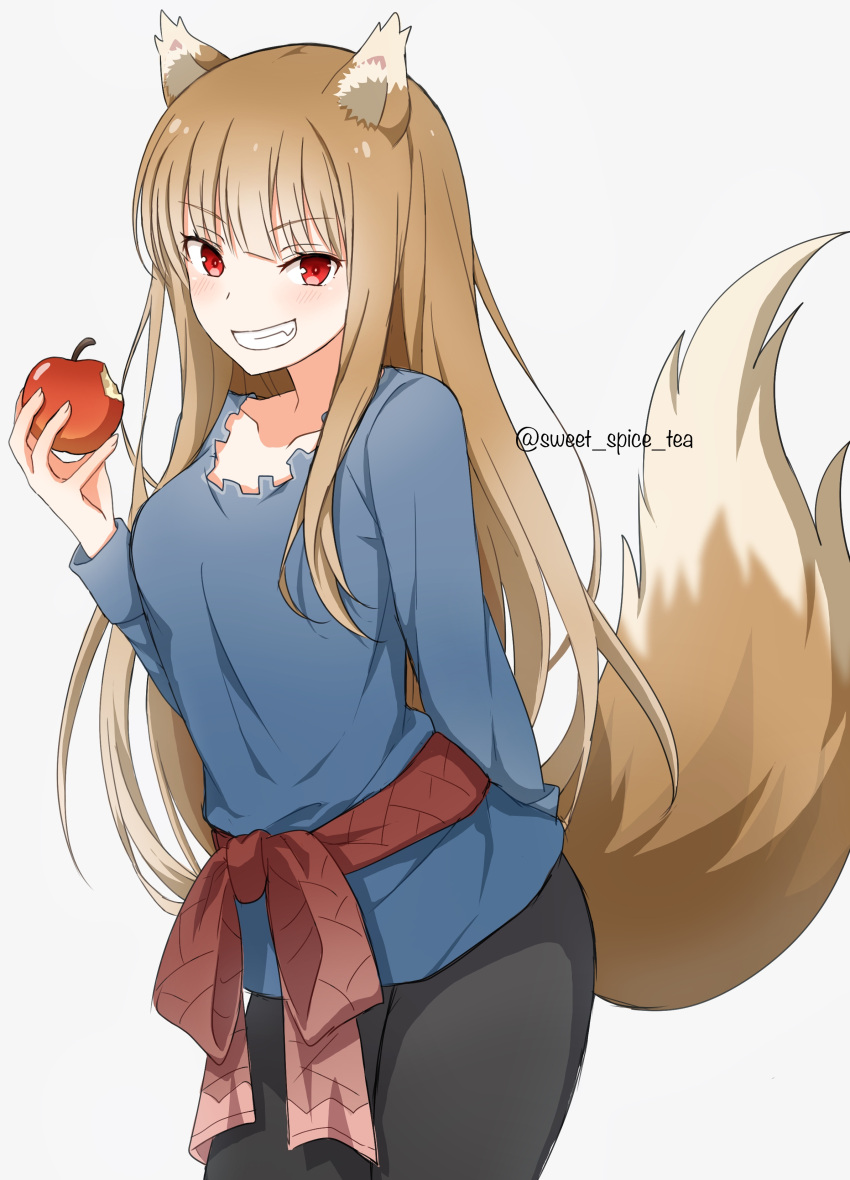 1girl absurdres animal_ear_fluff animal_ears apple arm_behind_back bitten_apple black_pants blue_shirt blunt_bangs blush brown_hair collarbone commentary cowboy_shot eyelashes fang food food_bite fruit grin hand_up highres holding holding_food holding_fruit holo long_hair long_sleeves looking_at_viewer pants red_eyes shirt sidelocks simple_background smile solo spice_and_wolf straight_hair sweet_spice_tea tail tail_raised tsurime very_long_hair white_background wolf_ears wolf_girl wolf_tail