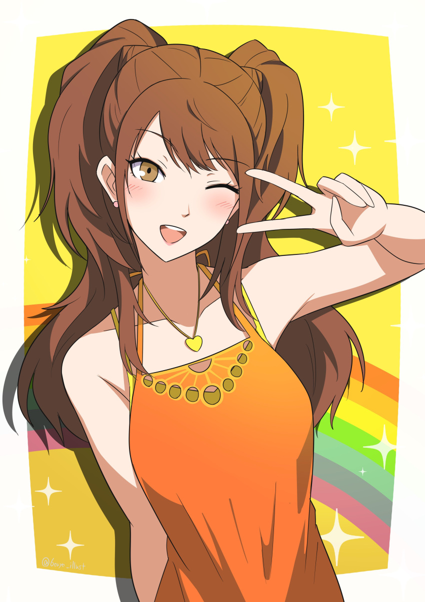 1girl ;d absurdres bare_shoulders blush brown_eyes brown_hair dress earrings heart heart_necklace highres jewelry kujikawa_rise long_hair looking_at_viewer necklace one_eye_closed open_mouth orange_dress persona persona_4 ryochan96154 sleeveless sleeveless_dress smile solo teeth twintails twitter_username upper_body upper_teeth_only v