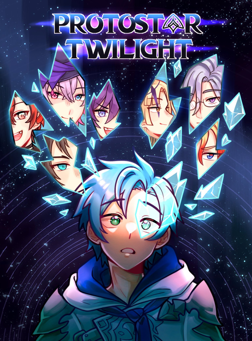 6+boys aqua_eyes axel_syrios banzoin_hakka blonde_hair blue_eyes blue_hair curtained_hair english_text gavis_bettel green_eyes grey_hair hair_between_eyes hat heterochromia highres holostars holostars_english holotempus hood hoodie jacket josuiji_shinri looking_at_viewer machina_x_flayon magni_dezmond male_focus multicolored_hair multiple_boys orange_eyes parted_lips pink_eyes purple_eyes purple_hair red_hair regis_altare shards short_hair sky smile solo_focus star_(sky) starry_sky streaked_hair title top_hat upper_body virtual_youtuber white_hoodie yellow_eyes zeitaraart