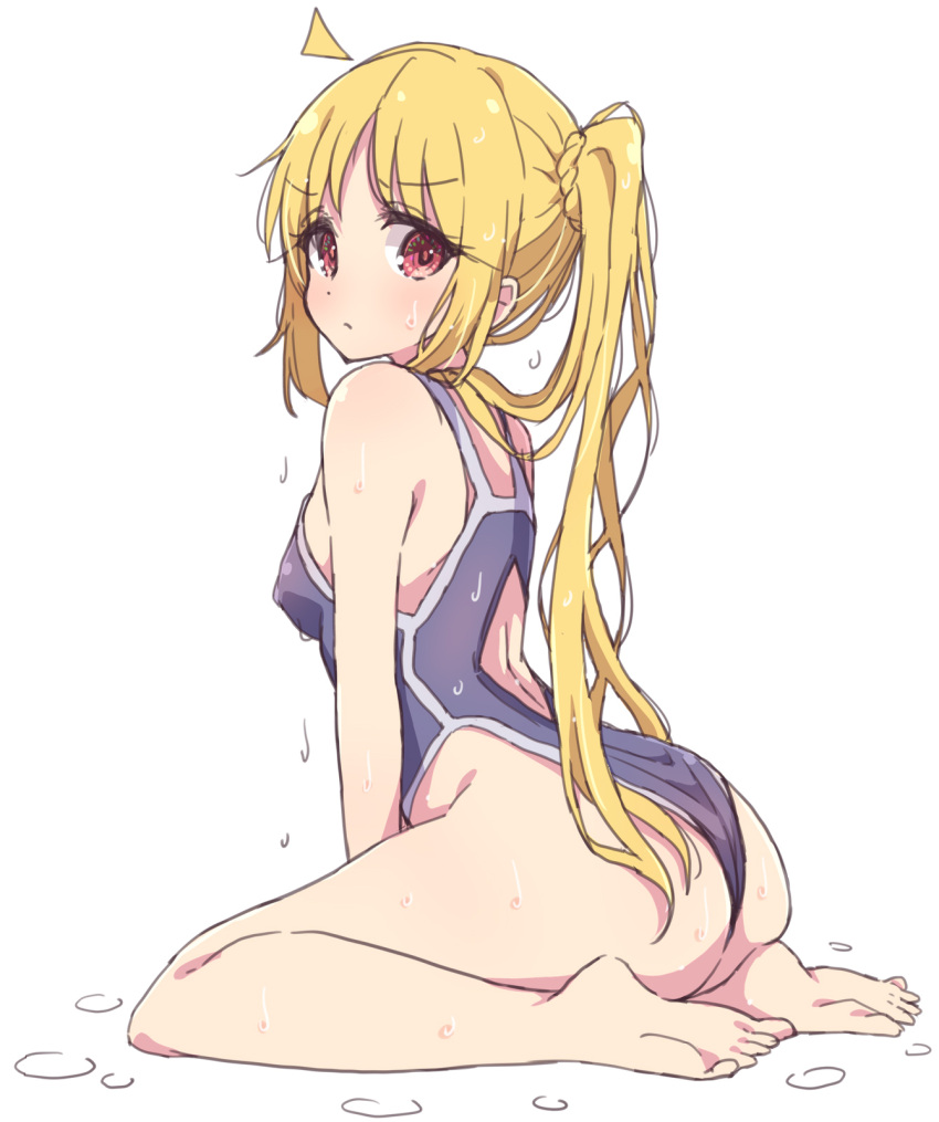 1girl ahoge ass barefoot blonde_hair blue_one-piece_swimsuit bocchi_the_rock! breasts closed_mouth commentary_request highres ijichi_nijika long_hair looking_at_viewer mel_(melty_pot) one-piece_swimsuit red_eyes side_ponytail simple_background sitting small_breasts soles solo swimsuit thighs toes wariza wet wet_hair white_background