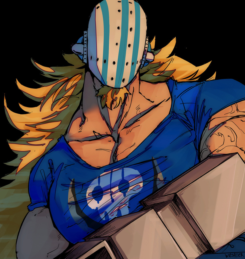 1boy absurdres bara blonde_hair facial_hair facial_hair_through_mask goatee head_tilt highres hockey_mask holding holding_weapon killer_(one_piece) large_pectorals long_hair male_focus mask muscular muscular_male one_piece pectoral_cleavage pectorals shirt solo t-shirt upper_body veins veiny_arms weapon wesaier