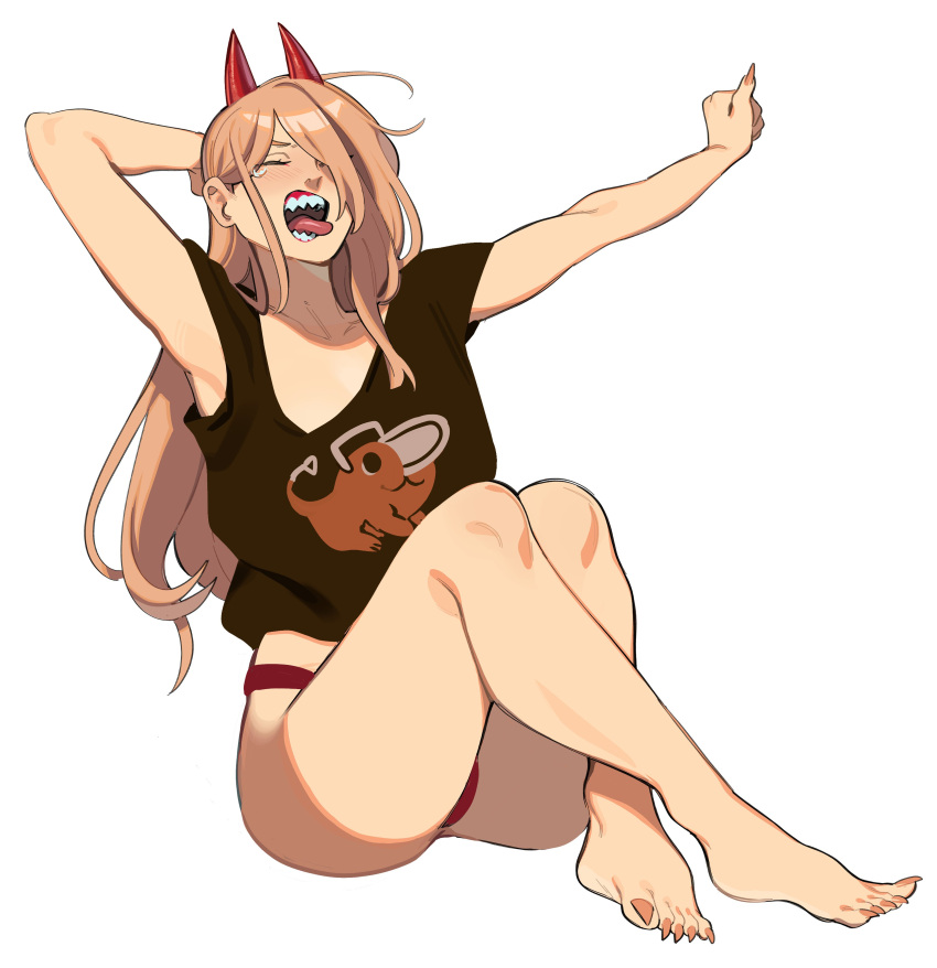 1girl absurdres arm_behind_head armpits arms_up bare_legs barefoot black_shirt chainsaw_man closed_eyes demon_horns fingernails highres horns long_hair no_pants orange_hair panties porqueloin power_(chainsaw_man) print_shirt red_horns red_panties sharp_fingernails sharp_teeth sharp_toenails shirt simple_background solo tank_top teardrop teeth toenails tongue tongue_out underwear white_background yawning