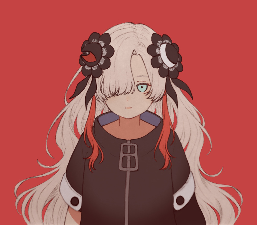 1girl arms_at_sides asymmetrical_sleeves black_flower blue_eyes closed_mouth coat commentary_request expressionless flower grey_hair hair_flower hair_ornament hair_over_one_eye high_collar highres isekai_joucho kamitsubaki_studio karakai_13 long_hair looking_at_viewer multicolored_hair one_eye_covered red_background red_hair simple_background solo straight-on streaked_hair uneven_sleeves upper_body virtual_youtuber wavy_hair white_coat zipper_pull_tab