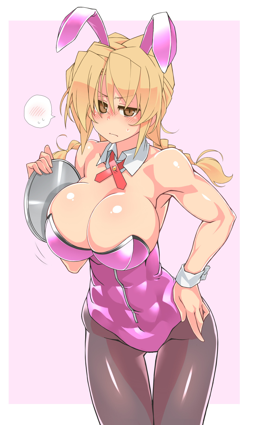 1girl absurdres animal_ears bare_shoulders black_pantyhose blonde_hair blush braid breasts brown_eyes cleavage covered_abs detached_collar embarrassed fake_animal_ears hair_between_eyes hand_on_own_hip highres holding holding_plate kaitou_reiko large_breasts leotard long_hair low_twin_braids muscular muscular_female original oteruko_(wanabeee) pantyhose pink_leotard plate playboy_bunny rabbit_ears solo spoken_blush strapless sweatdrop thigh_gap twin_braids white_background white_wrist_cuffs wrist_cuffs