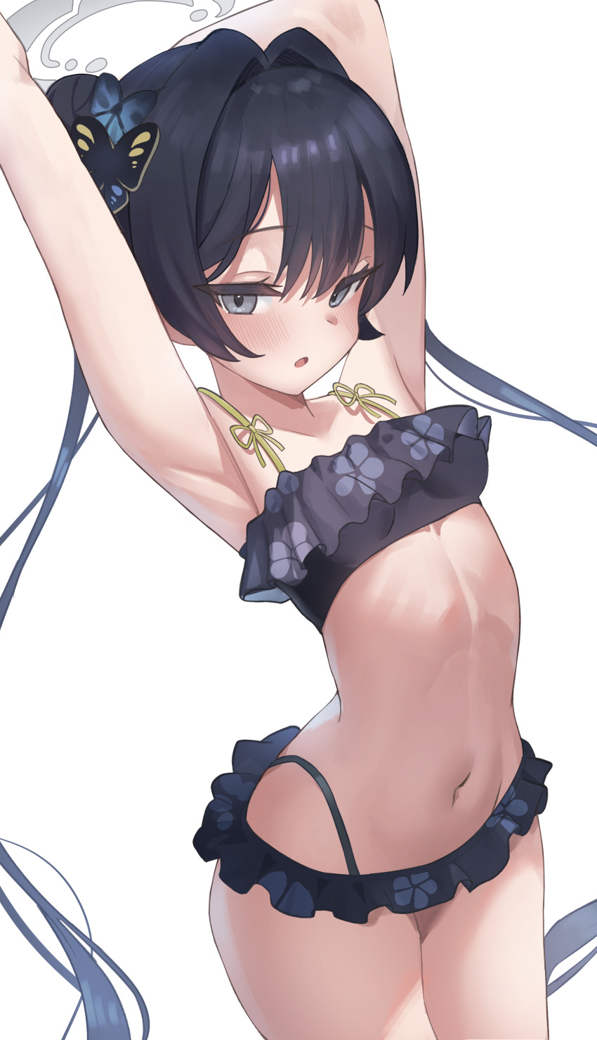1girl absurdres alternate_costume arms_up bikini black_bikini black_hair blue_archive blush butterfly_hair_ornament cowboy_shot floral_print_bikini frilled_bikini frills grey_eyes grey_halo hair_ornament halo highres kisaki_(blue_archive) long_hair looking_at_viewer madai_(mappy) navel open_mouth simple_background solo stomach swimsuit twintails white_background