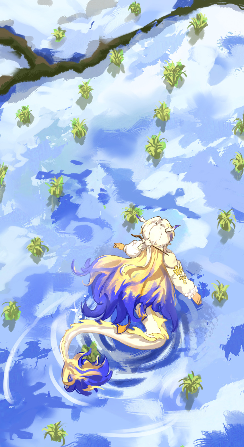 1girl arknights beads blonde_hair blue_hair blue_tail chinese_commentary commentary_request dragon_girl dragon_horns dragon_tail facing_away from_above hair_ornament hairpin highres horns long_hair long_sleeves multicolored_hair plant rice_paddy ripples scenery shu_(arknights) solo tail wading water white_hair white_horns white_tail wide_shot wind xi_zhi_hergoth yellow_horns yellow_tail