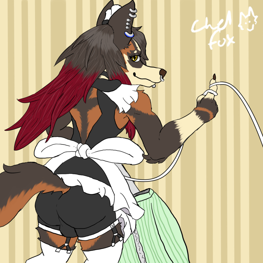 ambiguous_gender anthro black_body black_fur black_hair bulge canid canine carpet chel_(chelfox) chelfox cleaning_tool clothing cross_fox ear_piercing ear_ring facial_piercing fox fur garter_belt garter_straps hair hi_res lip_piercing lip_ring long_hair maid_apron maid_uniform mammal nonbinary_(lore) nose_piercing nose_ring piercing red_body red_fox red_fur red_hair ring_piercing solo true_fox underwear uniform vacuum_cleaner wallpaper_(decoration) white_body white_fur yellow_eyes