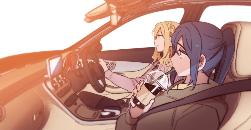 2girls blonde_hair blue_hair car_interior closed_mouth commentary_request drinking drinking_straw drinking_straw_in_mouth driving grey_hoodie hood hood_down hoodie korean_commentary long_hair long_sleeves love_live! love_live!_sunshine!! matsuura_kanan multiple_girls ohara_mari pink_shirt pito_(sh02327) ponytail purple_eyes shirt simple_background smile steering_wheel white_background