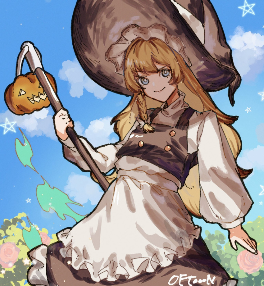 1girl aojirozame1228 apron black_hat black_skirt black_vest blonde_hair blue_eyes blue_sky bow braid broom closed_mouth cloud day flower frills hat highres holding holding_broom jack-o'-lantern kirisame_marisa long_hair long_sleeves looking_at_viewer outdoors pentagram shirt single_braid skirt sky smile solo star_(symbol) touhou vest waist_apron white_apron white_shirt witch_hat