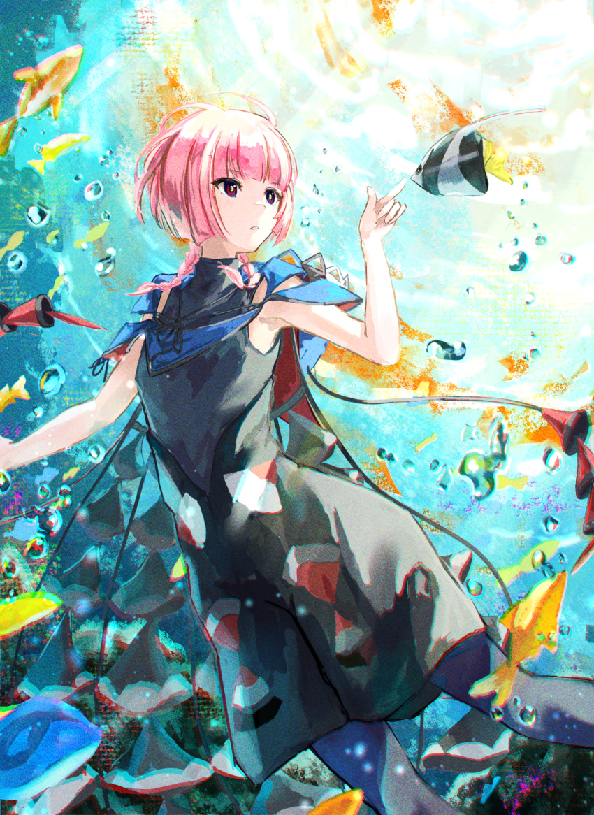 1girl air_bubble black_dress blue_capelet blue_eyes blue_pantyhose braid bubble capelet chromatic_aberration commentary_request cosmos_(cos_mos_f) dress expressionless feet_out_of_frame film_grain fish_request highres kaf_(kamitsubaki_studio) kamitsubaki_studio long_hair looking_at_animal looking_to_the_side low_twin_braids multicolored_eyes ocean pantyhose parted_lips pink_hair poking red_eyes sleeveless sleeveless_dress solo swimming tropical_fish turtleneck_dress twin_braids underwater virtual_youtuber yellow_pupils