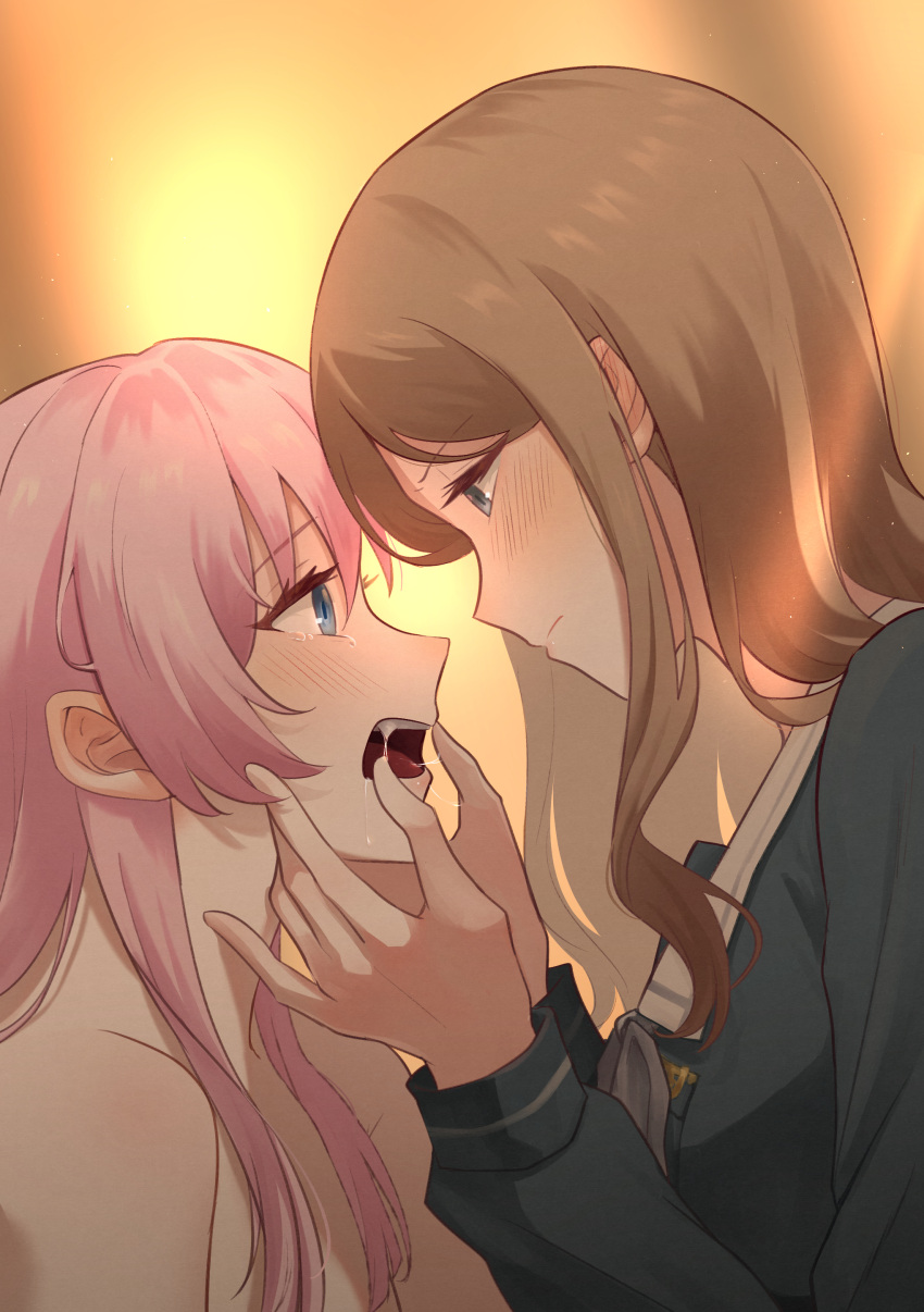 2girls absurdres bang_dream! bang_dream!_it's_mygo!!!!! blue_eyes blue_shirt blush brown_hair chihaya_anon commentary_request eye_contact fangs grey_eyes grey_neckerchief highres light_particles long_hair long_sleeves looking_at_another multiple_girls nagasaki_soyo neckerchief nude open_mouth pink_hair risai sailor_collar saliva school_uniform serafuku shirt tearing_up tears tsukinomori_school_uniform upper_body white_sailor_collar yuri