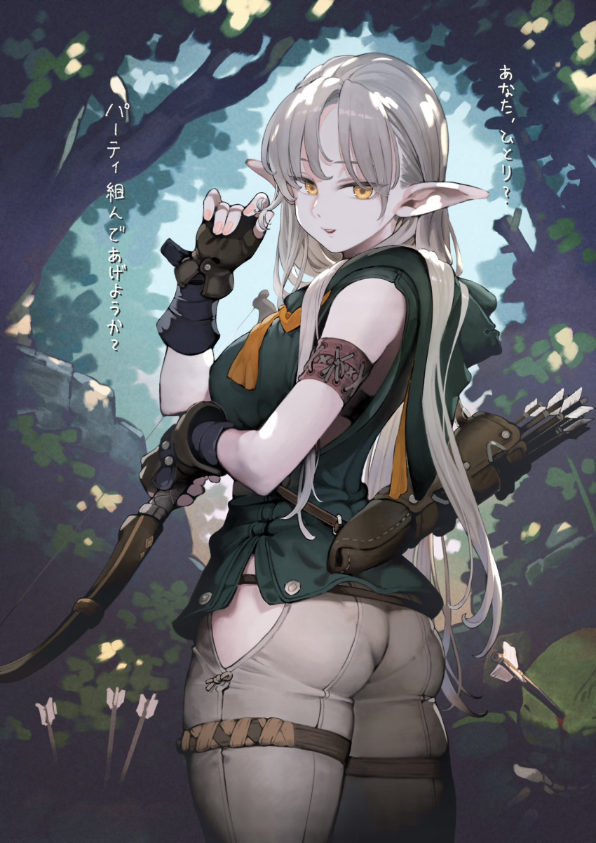 1girl armband arrow_(projectile) ass black_gloves blood bow_(weapon) breasts commentary cowboy_shot dappled_sunlight day elf fingerless_gloves forest gloves green_hoodie grey_hair grey_pants highres hip_vent holding holding_bow_(weapon) holding_hair holding_own_hair holding_weapon hood hood_down hoodie jun_(navigavi) long_hair looking_at_viewer medium_breasts nature orc original outdoors pants parted_lips pointy_ears quiver sleeveless sleeveless_hoodie smile solo_focus standing sunlight thigh_strap translated weapon yellow_eyes