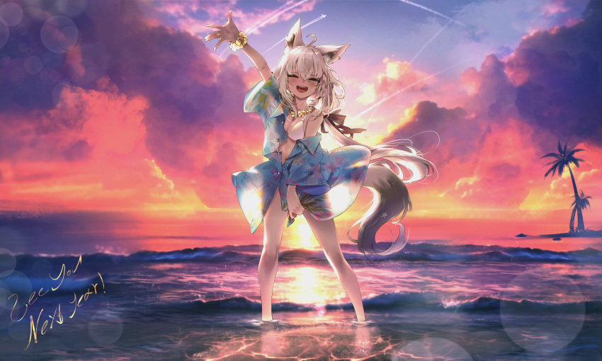 1girl absurdres ahoge animal_ear_fluff animal_ears arm_up bikini blush braid closed_eyes cloud cloudy_sky commentary_request dusk earrings facing_viewer fox_ears fox_girl fox_tail hair_between_eyes highres hololive jewelry long_hair ocean open_mouth outdoors palm_tree pparus shirakami_fubuki sidelocks single_braid sky solo swimsuit tail tree virtual_youtuber wading white_bikini white_hair