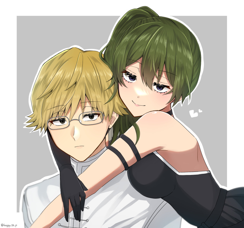 1boy 1girl black_dress black_eyes black_gloves closed_mouth dress glasses gloves green_hair grey_eyes happy_14_p heart highres hug land_(sousou_no_frieren) long_hair long_sleeves looking_back ponytail rectangular_eyewear shirt short_hair simple_background smile sousou_no_frieren ubel_(sousou_no_frieren) white_shirt