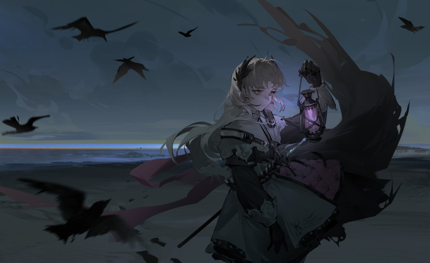 1girl arknights bird black_dress black_gloves black_jacket capelet closed_mouth cloud cowboy_shot crow dark dress earrings gloves grey_eyes grey_hair head_wings highres holding holding_lantern horizon irene_(arknights) jacket jewelry lantern layered_skirt long_hair long_sleeves looking_at_viewer nemuiz ocean outdoors overcast puffy_sleeves purple_skirt scar scar_across_eye scar_on_face sheath skirt sky solo sword very_long_hair water weapon white_capelet white_skirt wings