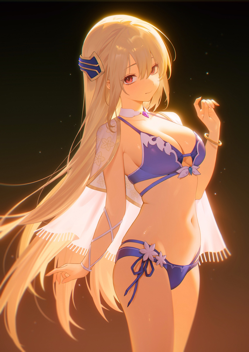 1girl 95--- absurdres bikini blonde_hair bracelet breasts capelet cleavage closed_mouth commentary flower from_side gradient_background hair_between_eyes hand_up heaven_burns_red highres jewelry large_breasts long_hair looking_at_viewer looking_to_the_side navel purple_bikini red_eyes shirakawa_yuina side-tie_bikini_bottom simple_background solo swimsuit very_long_hair white_capelet