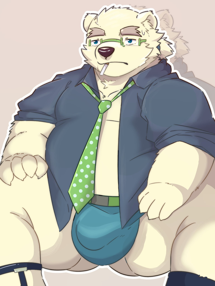 15786kll 2024 anthro bear bulge clothed clothing hi_res kemono leib_(tas) lifewonders male mammal open_clothing open_shirt open_topwear overweight overweight_male polar_bear shirt simple_background sitting smoking solo tokyo_afterschool_summoners topwear underwear ursine