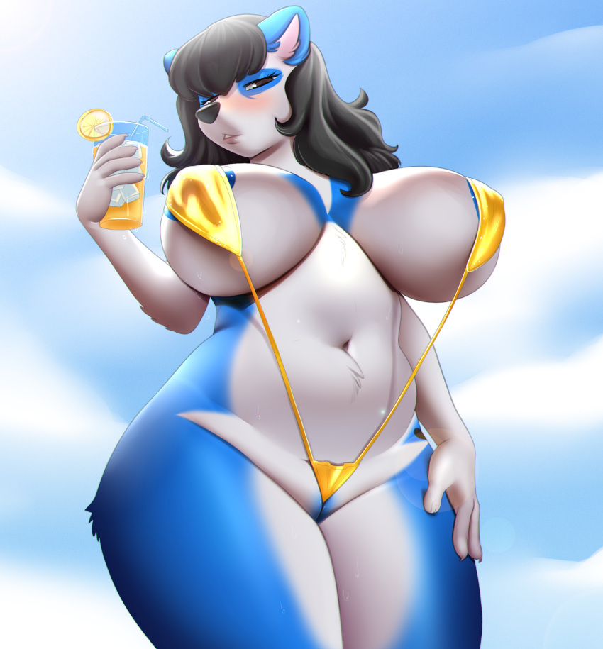 2022 absurd_res anthro anutka areola bear beverage big_breasts bikini biped black_hair black_nose blue_areola blue_body blue_fur blue_sky blush breasts brown_eyes clothing cloud cocktail_garnish countershade_fur countershade_legs countershade_thighs countershade_torso countershading day digital_media_(artwork) drinking_straw female fur genitals giant_panda hair hand_on_leg hand_on_own_leg hand_on_own_thigh hand_on_thigh hi_res holding_beverage holding_object ice_cube lens_flare long_hair looking_at_viewer low-angle_view mammal muffin_(wuvmuffinz) navel outside pussy pussy_floss shaded sky sling_bikini solo swimwear white_body white_fur yellow_clothing yellow_swimwear
