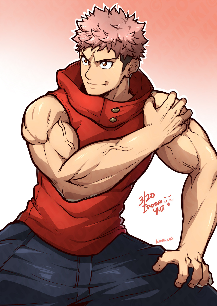 1boy absurdres artist_name bara black_pants brown_eyes character_name closed_mouth dated highres itadori_yuuji jujutsu_kaisen kuroshinki male_focus muscular muscular_male pants pink_hair red_shirt scar scar_on_face shirt short_hair simple_background smile solo