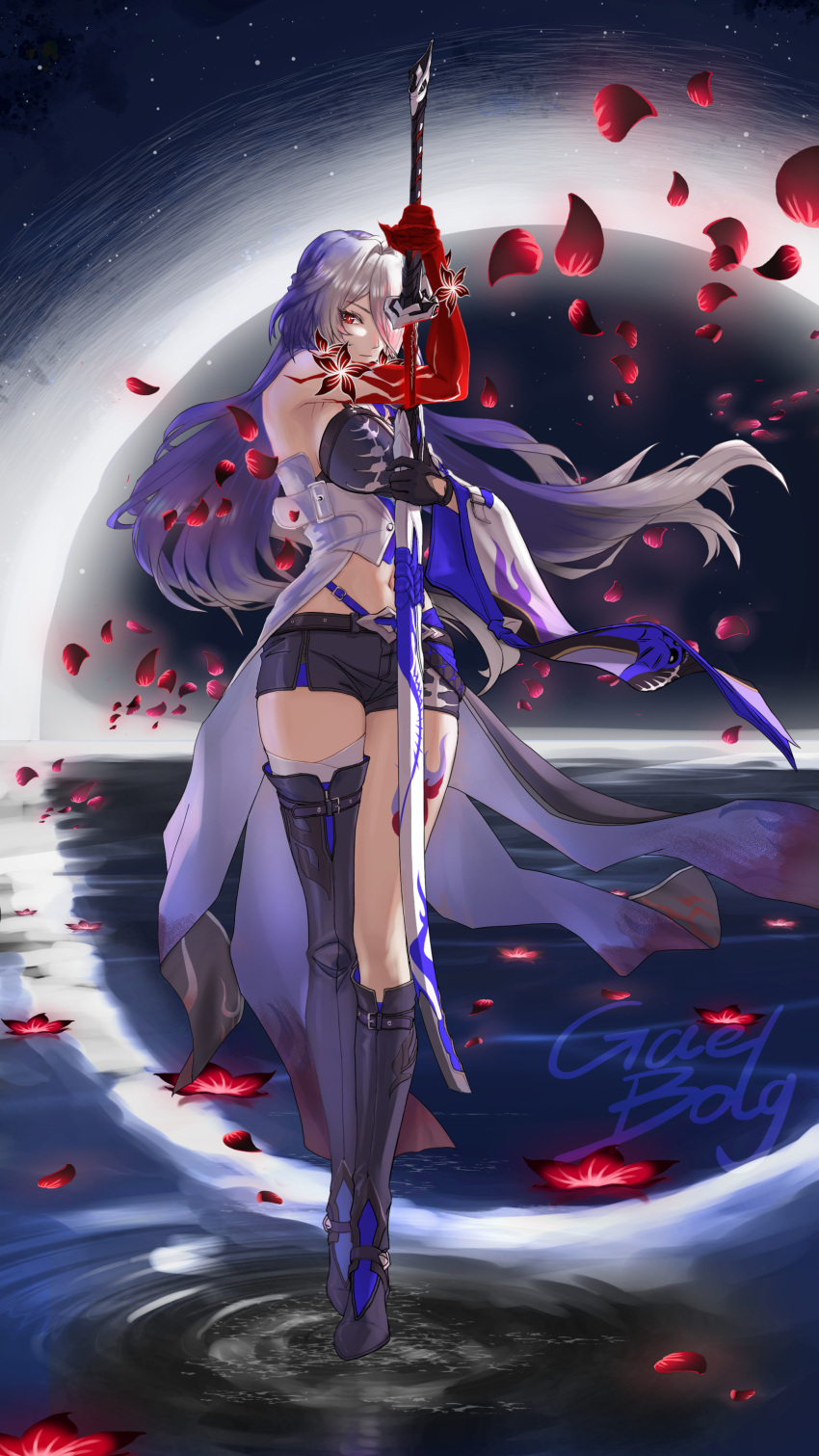 1girl absurdres acheron_(honkai:_star_rail) asymmetrical_footwear black_footwear black_shorts boots breasts coat commentary_request flower full_body grey_hair highres holding holding_sword holding_weapon honkai:_star_rail honkai_(series) jiayeboge_gaebolg katana large_breasts leg_tattoo long_hair midriff multicolored_hair navel petals purple_hair red_eyes red_flower scabbard sheath short_shorts shorts solo standing stomach sword tattoo thigh_boots thighs two-tone_hair unsheathing very_long_hair weapon white_coat