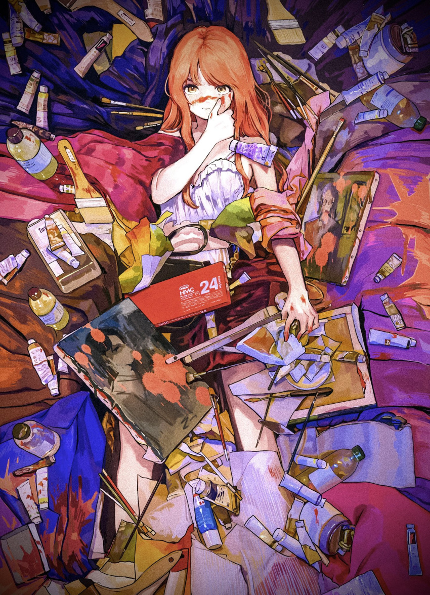 1girl bnbnfumiya bottle camisole feet_out_of_frame highres long_hair orange_eyes orange_hair original paint_on_body paintbrush painting_(object) partially_buried solo white_camisole