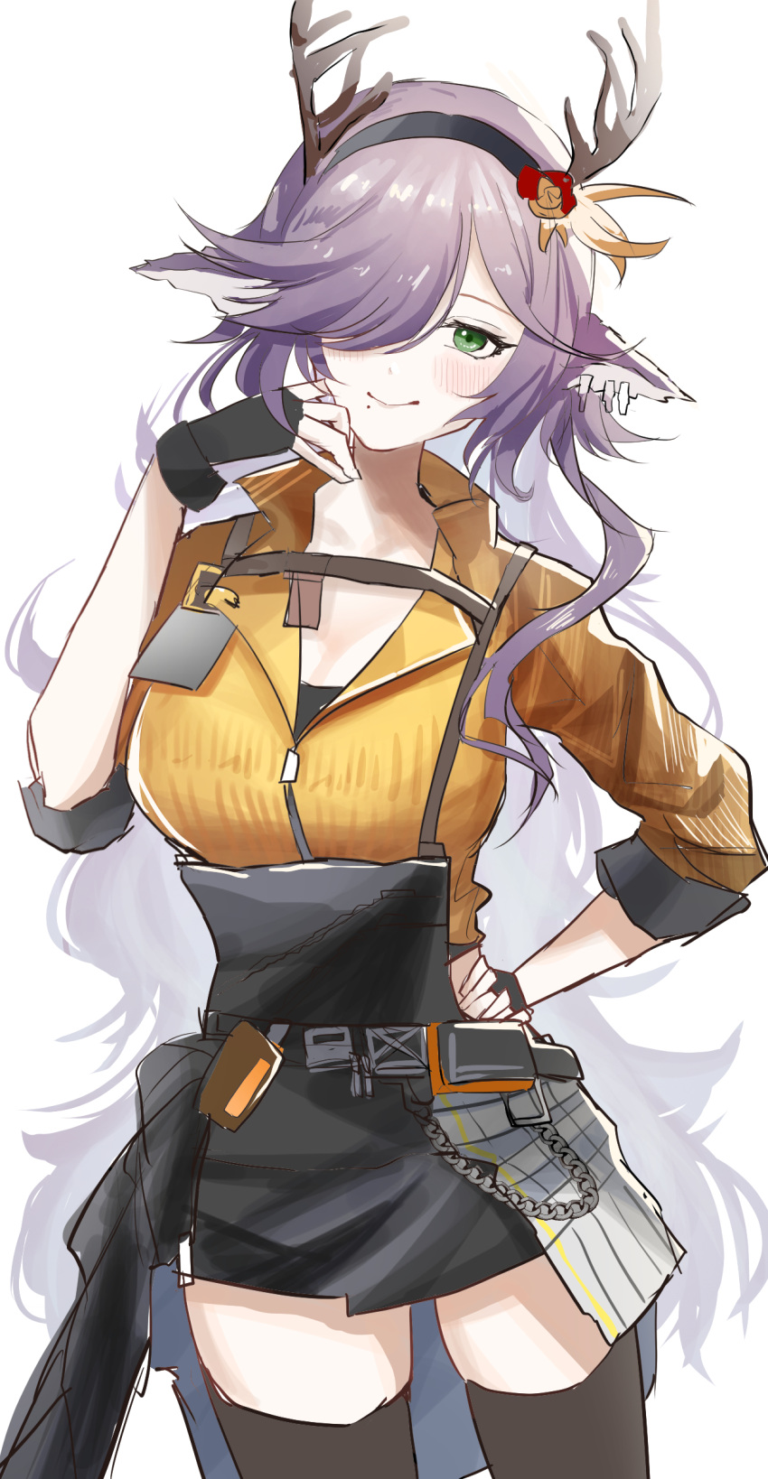 1girl absurdres animal_ears antlers arknights black_gloves black_hairband black_thighhighs blush chain closed_mouth coldshot_(arknights) cowboy_shot fingerless_gloves gloves green_eyes hair_over_one_eye hairband hand_on_own_face hand_on_own_hip hand_up highres horns imakokotea_(imakoko) jacket long_hair looking_at_viewer mole mole_under_mouth one-hour_drawing_challenge one_eye_covered purple_hair simple_background sketch sleeves_pushed_up smile solo standing thighhighs white_background yellow_jacket zipper_pull_tab