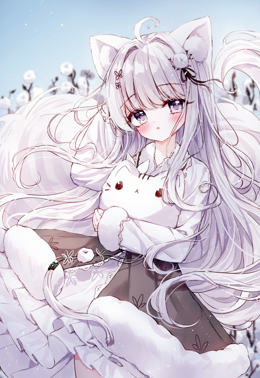 1girl :o absurdres ahoge animal animal_ear_fluff animal_ears arm_behind_head arm_up black_skirt blue_sky blush cat commentary_request day flower fur-trimmed_skirt fur-trimmed_sleeves fur_trim grey_eyes grey_hair hair_intakes highres holding holding_animal jacket long_hair long_sleeves looking_at_viewer original outdoors parted_lips skirt sky sleeves_past_wrists solo tail tandohark very_long_hair white_cat white_flower white_jacket