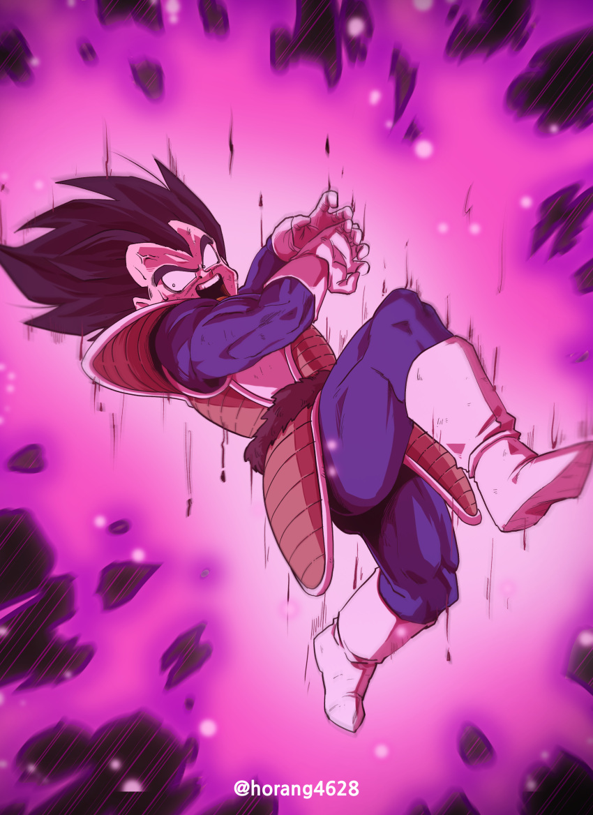 1boy absurdres angry armor artist_name aura black_hair blue_bodysuit bodysuit boots constricted_pupils dragon_ball dragon_ball_z flying full_body furious gloves highres horang4628 male_focus monkey_tail muscular muscular_male open_mouth saiyan saiyan_armor solo spiked_hair sweat tail tail_around_waist teeth upper_teeth_only vegeta veins white_footwear white_gloves widow's_peak