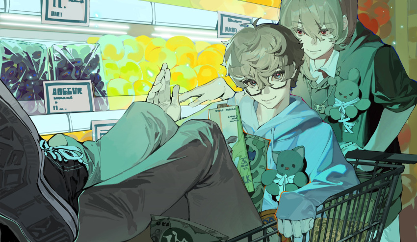 2boys akechi_gorou amamiya_ren black_footwear blue_eyes blue_hoodie brown_hair closed_mouth converse food fruit highres hood hoodie in_shopping_cart indoors looking_at_another looking_at_viewer medium_hair multiple_boys pants persona persona_5 persona_5_the_royal pushing_cart rectangular_eyewear red_eyes shop shopping_cart short_hair smile stuffed_animal stuffed_toy teddy_bear waving yuirua55234