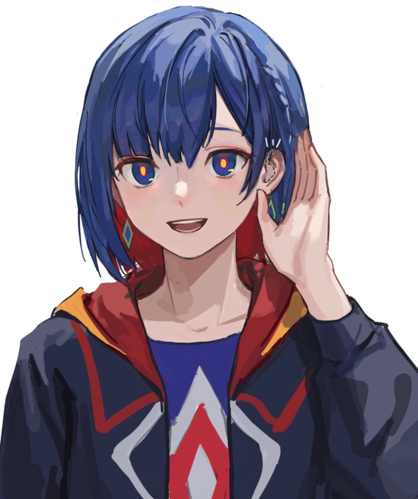 1girl black_jacket blue_eyes blue_hair blue_shirt collarbone colored_inner_hair diamond_earrings earrings hair_behind_ear hand_up highres hood hooded_jacket jacket jewelry kamitsubaki_studio long_sleeves looking_at_viewer multicolored_eyes multicolored_hair notice_lines open_clothes open_jacket open_mouth orange_pupils red_eyes red_hair red_hood rim_(kamitsubaki_studio) shirt simple_background smile solo upper_body virtual_youtuber white_background wireless_earphones zhongmu