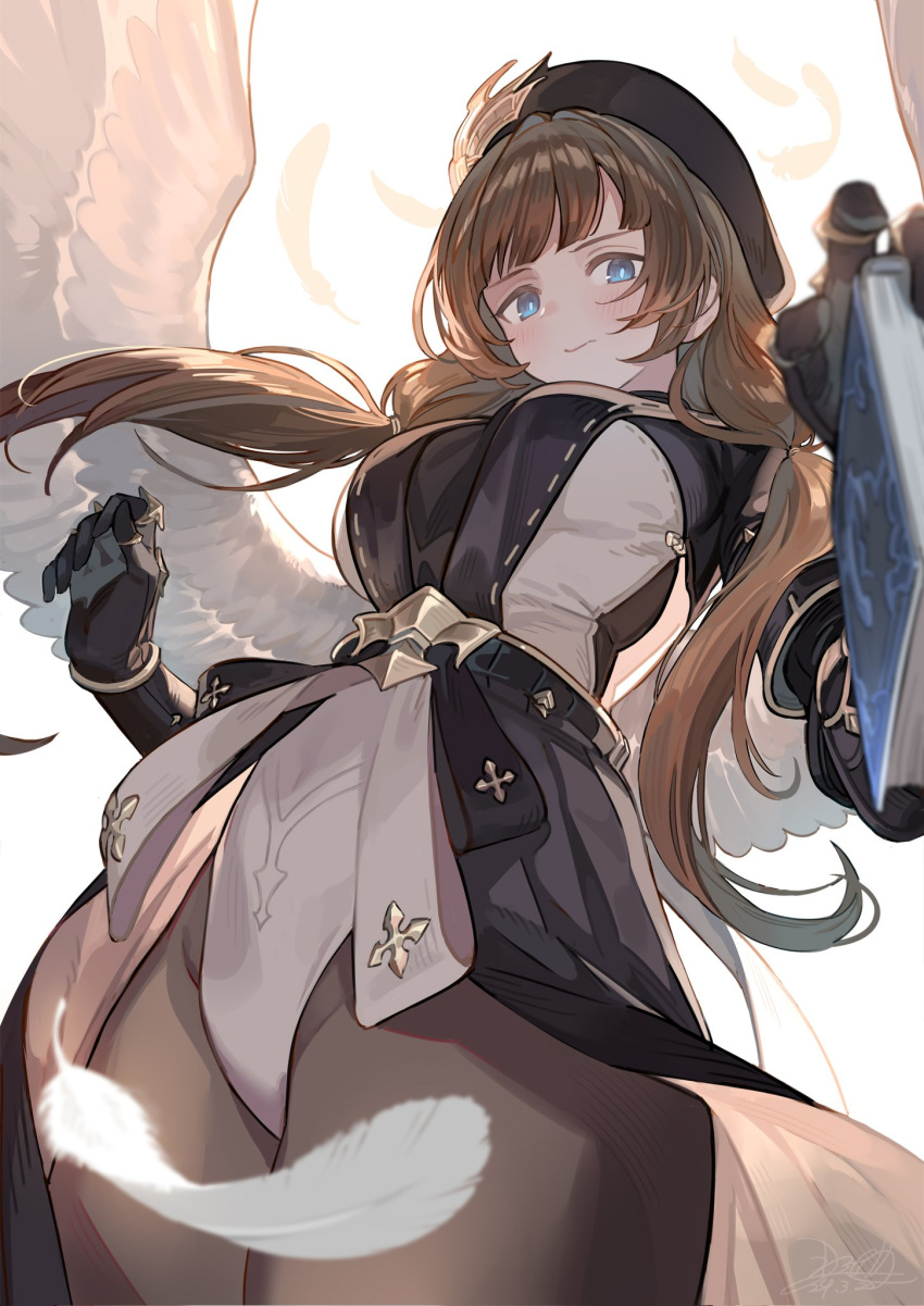 1girl beret black_bodysuit black_gloves blue_eyes blush bodysuit book breasts bright_pupils brown_hair closed_mouth commentary_request falling_feathers feathered_wings feathers gloves granblue_fantasy hat highres holding holding_book large_breasts leotard long_hair looking_at_viewer low_twintails nao_(syn_eaa) raziel_(granblue_fantasy) showgirl_skirt solo twintails upper_body white_leotard white_pupils white_wings wings