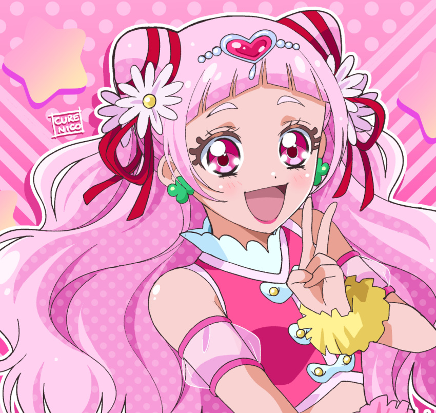 1girl :d artist_name border clothing_cutout clover_earrings cone_hair_bun cure_nico cure_yell cut_bangs flower hair_bun hair_flower hair_ornament hair_ribbon hugtto!_precure long_hair looking_at_viewer magical_girl nono_hana open_mouth pink_eyes pink_hair pink_shirt precure ribbon shirt shoulder_cutout sleeveless sleeveless_shirt smile solo stomach_cutout v white_border