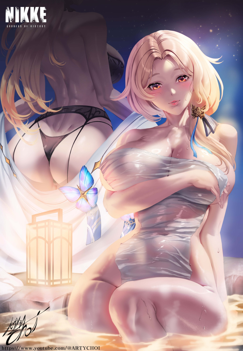 1girl absurdres artist_name artychoi ass back bare_shoulders black_bra black_panties blonde_hair blue_butterfly bra breasts bridgeless_bra bug butterfly butterfly_ornament collarbone copyright_name covered_navel from_behind garter_straps goddess_of_victory:_nikke hair_over_shoulder headband highres inset lamp large_breasts lingerie long_hair looking_at_viewer ludmilla_(nikke) ludmilla_(winter_owner)_(nikke) naked_towel onsen orange_hair panties parted_lips partially_submerged signature sitting solo towel underwear undressing water wet