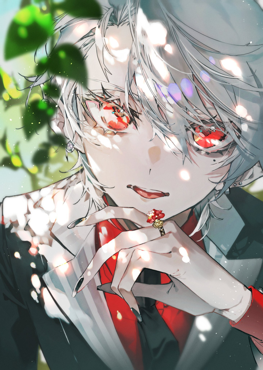 1boy black_jacket black_nails black_necktie blurry collared_shirt dappled_sunlight ear_piercing earrings fingernails formal hair_between_eyes highres jacket jewelry kuzuha_(nijisanji) leaf light_particles long_fingernails long_sleeves looking_at_viewer male_focus mole mole_under_eye mura_karuki nail_polish necktie nijisanji open_mouth piercing red_eyes red_shirt ring shirt short_hair solo suit sunlight tongue tongue_out upper_body virtual_youtuber white_hair