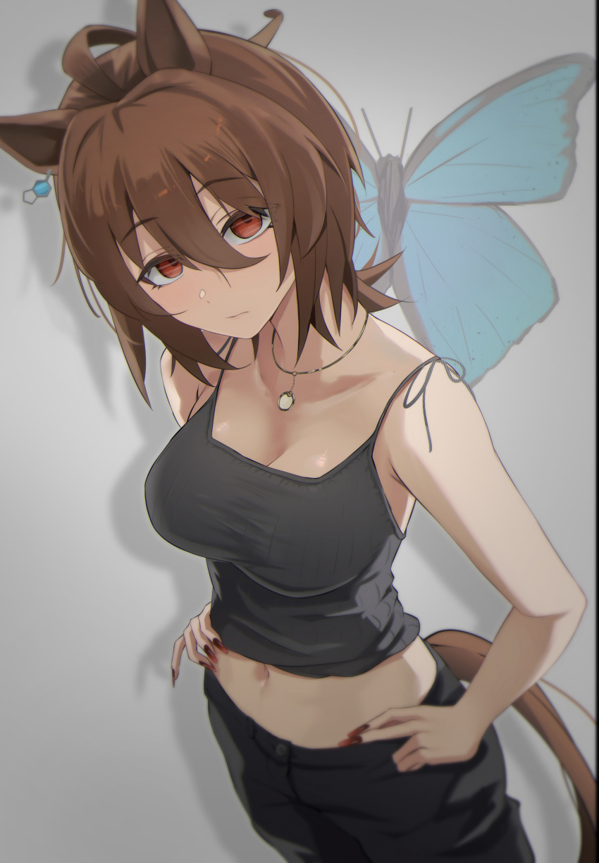 1girl absurdres agnes_tachyon_(umamusume) ahoge alternate_costume animal_ears black_pants black_tank_top breasts brown_hair bug butterfly cleavage commentary_request cowboy_shot earrings grey_background hands_on_own_hips highres horse_ears horse_girl horse_tail jewelry large_breasts messy_hair midriff navel necklace pants red_eyes sei_(bigaa) shadow short_hair simple_background single_earring solo tail tank_top umamusume