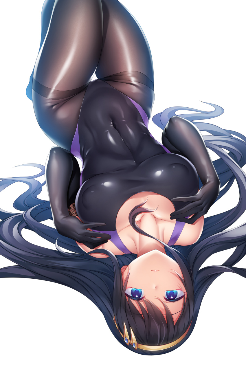 1girl absurdres aethel_(fieldmarshal98) black_gloves black_hair black_one-piece_swimsuit blue_eyes breasts closed_mouth collarbone commission covered_navel covered_nipples elbow_gloves gloves highleg highleg_swimsuit highres large_breasts long_hair looking_at_viewer lying on_back one-piece_swimsuit original pantyhose second-party_source simple_background skeb_commission skin_tight solo swimsuit thigh_gap thighband_pantyhose tiara upside-down very_long_hair white_background yuumaru_(you-mya)