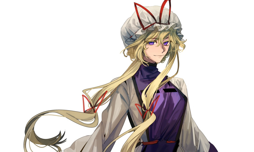 1girl blonde_hair breasts closed_mouth dress frilled_hat frills hair_between_eyes hair_ribbon hat hat_ribbon long_hair long_sleeves looking_at_viewer mob_cap purple_eyes red_ribbon ribbon simple_background small_breasts smile solo tabard touhou upper_body white_background white_dress white_hat wide_sleeves xian_qishui yakumo_yukari