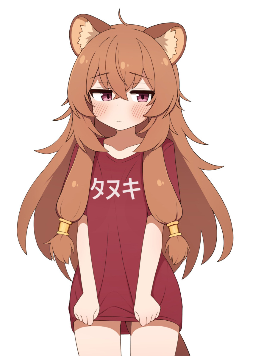 1girl animal_ear_fluff animal_ears blush brown_hair commentary furrowed_brow highres long_hair looking_to_the_side mikoscrub raccoon_ears raccoon_girl raccoon_tail raphtalia red_eyes red_shirt shirt shirt_tug simple_background solo standing tail tate_no_yuusha_no_nariagari thighs translated white_background