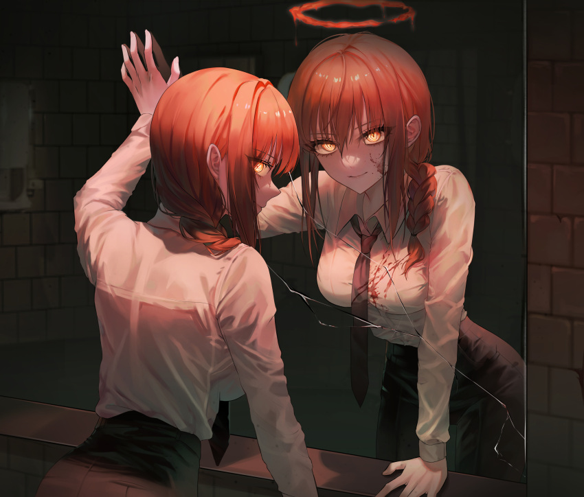 1girl absurdres black_necktie black_pants blood blood_halo blood_on_clothes blood_on_face braid braided_ponytail breasts brick_wall broken_mirror chainsaw_man collared_shirt different_reflection halo highres indoors large_breasts long_hair makima_(chainsaw_man) mirror necktie pants red_hair red_halo reflection research_(rsrh) ringed_eyes shirt white_shirt yellow_eyes